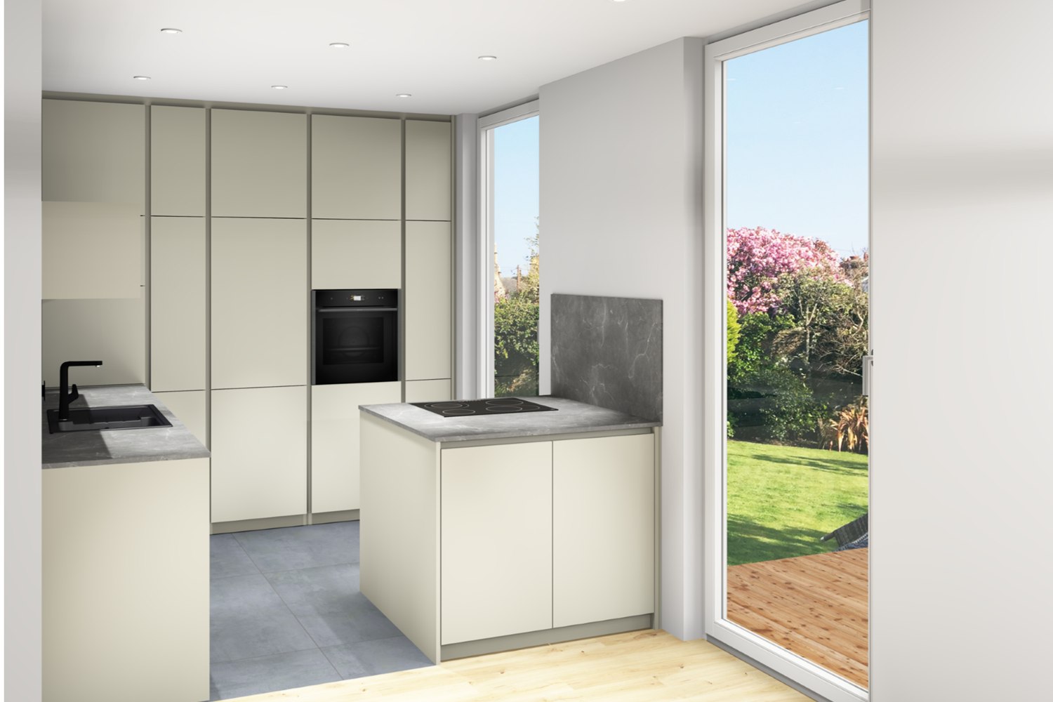 CAD-Visualisierung einer geplanten Küche nach Maß mit Kochinsel und Hochschrankwand – Küchenplanung Essen (Rendering, kein Foto)